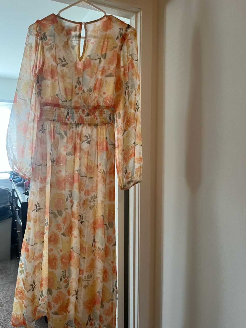 Sheer Floral Long-Sleeve Midi Dress - Peach Floral